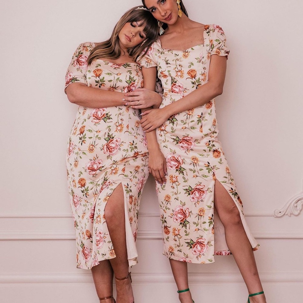 Jessakae Vivienne Floral Puff Sleeve Satin Slit Romantic Midi Dress size 3X